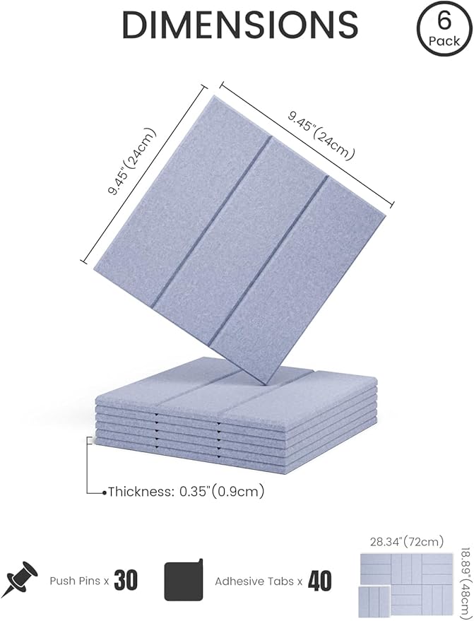 Fluxynara Felt Bulletin Board Tiles -28"x18" with 40 Adhesive Tabs, Cork Board Alternative for Office Decor, Push Pin Board Wall Organizer 6-Pack(Soft Periwinkle)