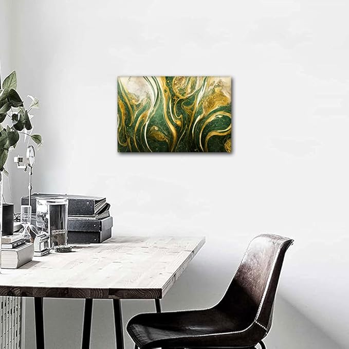 Abstract Canvas Art Decor 1 Panel Modern Marble Art Poster Gold and Blue Green Abstract Illustration Picture Printing for Men Living Room Bedroom Office Wall Decor Stretched Ready to Hang 18x12 in