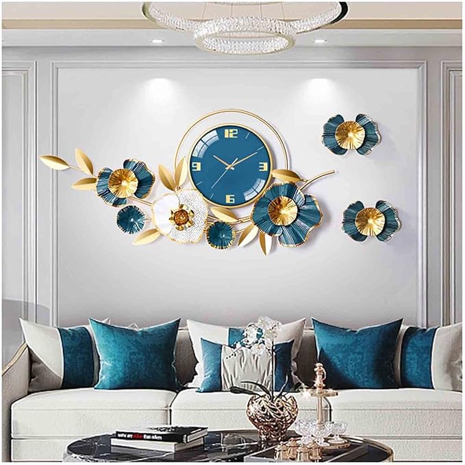 Wall Clock Large Decorative Hanging Wall Clocks,36.6 * 18.7in Wrought Iron Silent Non Ticking Ginkgo Leaf Wall Quartz Clock for Living Room Office Cafe Hotel,White Clock (Blue A)