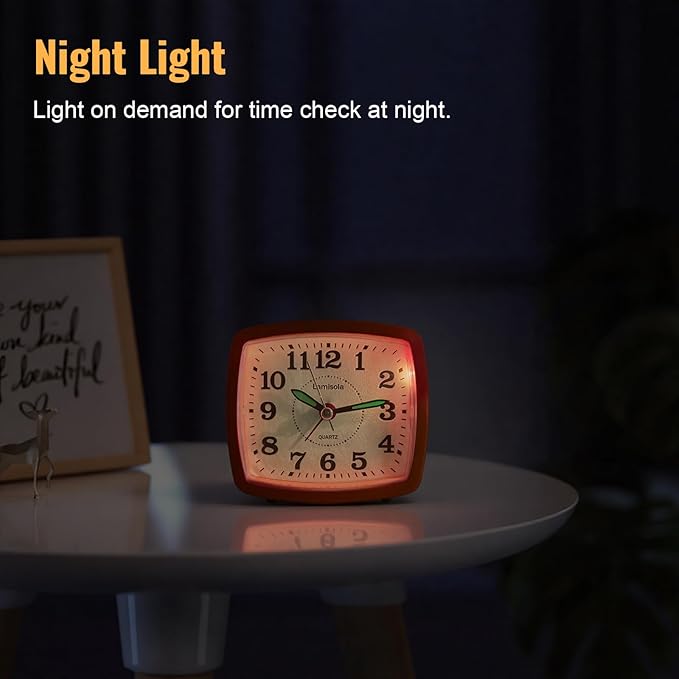 Battery Analog Travel Alarm Clock, Small Clock for Bedroom, Desk Table Shelf Clocks for Room Office Bathroom Vanity, Aesthetic Retro Clocks for Kids Girls, Orange