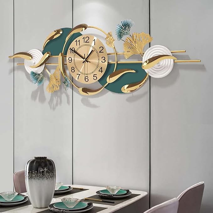 Wall Clock Large Metal Wall Clocks Creative Gold Fish Design Silent Wall Clock for Bedroom Kitchen Home Office Entrance Indoor 100x33cm/39x13 Clock (Horizontal A)