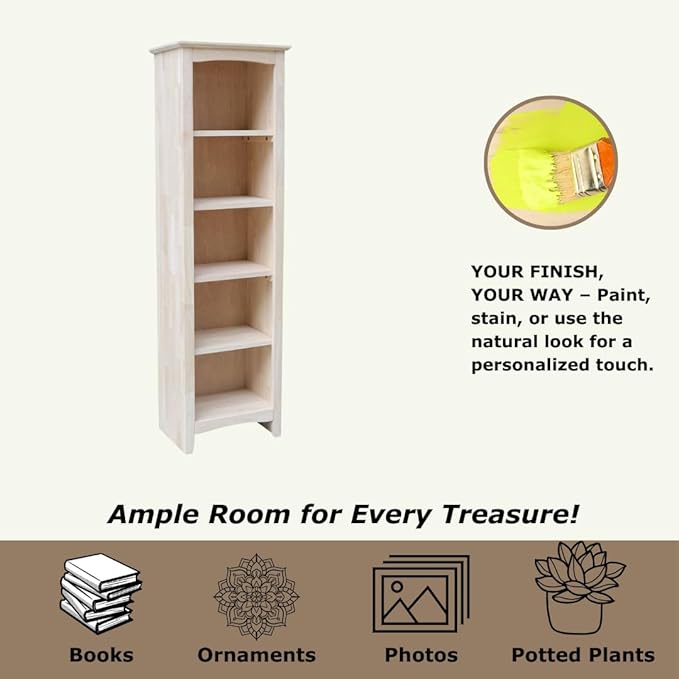 International Concepts Narrow Shaker Bookcase, 60-Inch High, Solid Parawood, Unfinished