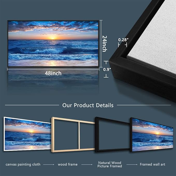 Sea Beach Framed Canvas Wall Art For Living Room Large Size Wall Decor For Bedroom Office Decor Blue Ocean Wall Pictures Artwork Sunny Sea View Wave Painting Home Decorations Black Framed 24" X 48"