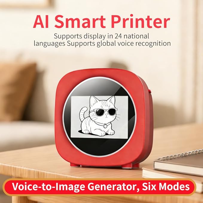 AI Sticker Box Printer, Smart AI Voice Mini Thermal Label Printer with Preview Display, Inkless Portable Sticker Maker for Home Office Study DIY Projects, 2 Paper Rolls Included (B Red)