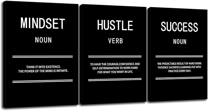 Motivational Canvas Wall Art for Office Mindset Hustle Success 3 Panel Print Inspirational Poster Painting Modern Inspiring Artwork for Home Living Room Gym Decor Ready to Hang [60''Wx 28''H]