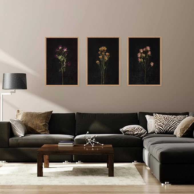 KAIRNE Dark Moody flower Framed Canvas Wall Art Set, Minimalist Black Wildflower Wall Decor, Vintage Botanical Floral Wall Painting, Nature Plant Art Prints for Living Room, Bedroom, Office 24"x36"x3