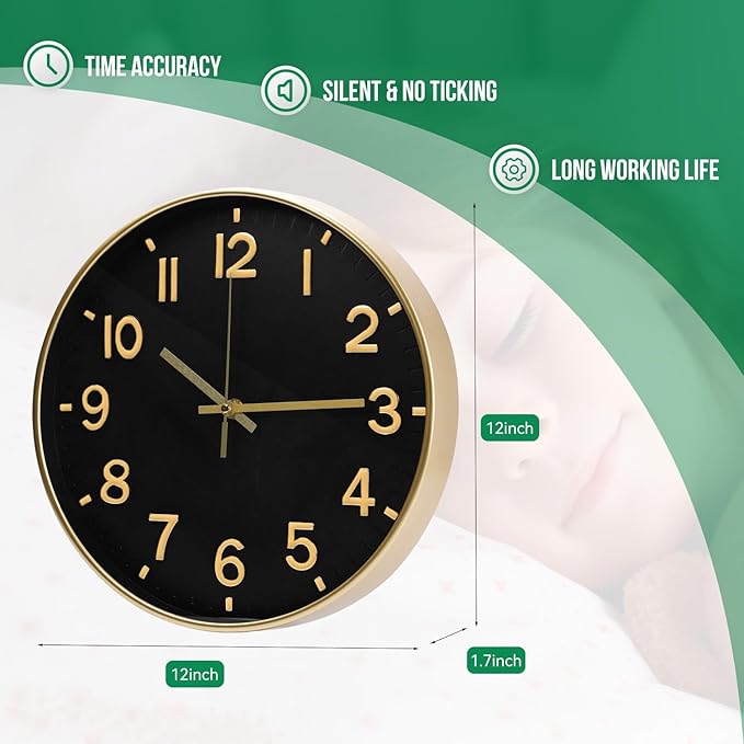 Wall Clock 12 Inch Black Modern Simple Quartz Decorative Clock Non-Ticking Silent Battery Operated Round Wall Clocks Trendy and Practical Best Gift for Living Room Bedroom Kitchen Office