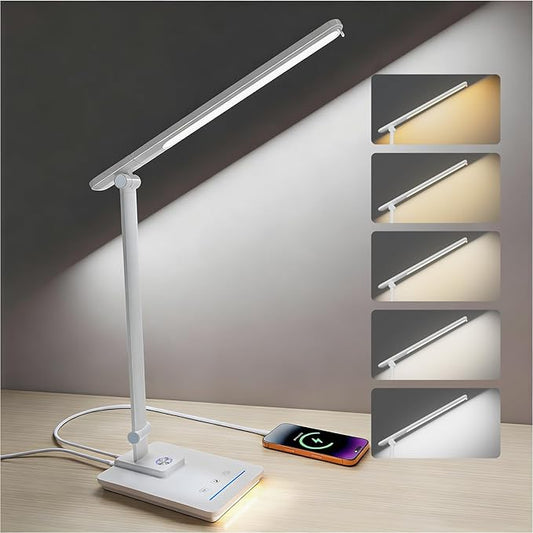 ELECTRI LED Desk Lamp, Touch Desk Light with USB Port, 5 Color & Stepless Dimming, 360° Rotatable ＆ Foldable, Reading Lamp for Table Study Work Office Nail Craft Puzzle(with Adapter) (White)
