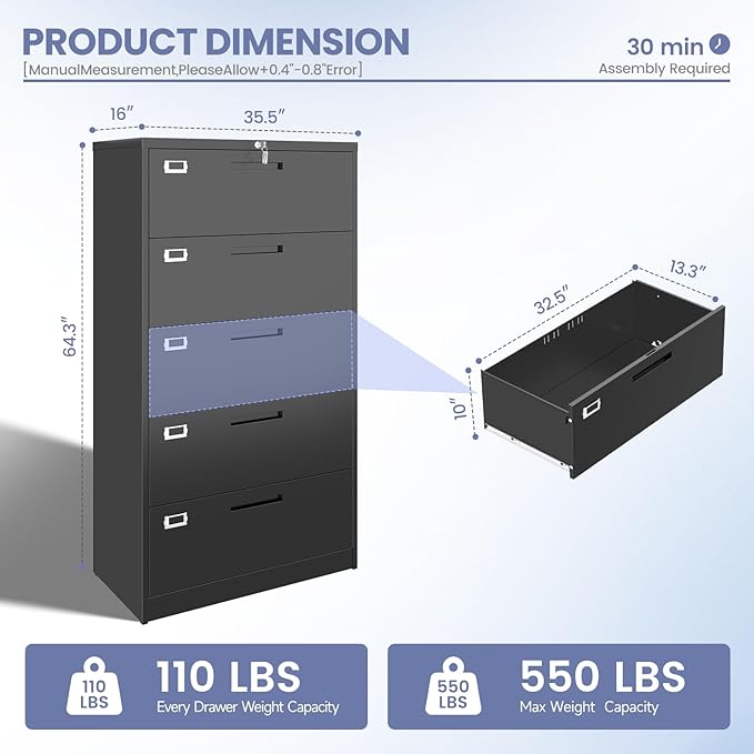 5 Drawer File Cabinet, Black Metal Lateral File Cabinet with Lock, Office Filing Cabinet for Legal/Letter/A4/F4 Size with Hanging Files, Lockable File Cabinets for Home Office