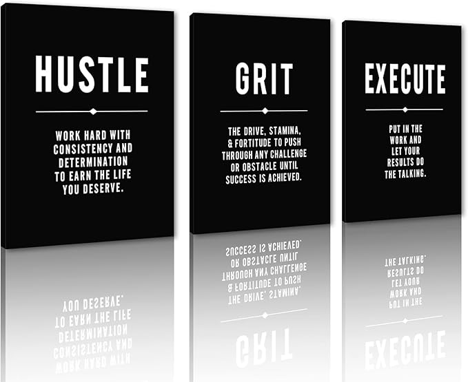 Yatsen Bridge Hustle Grind Execute Canvas Wall Art - 3 Panel Inspirational Quote Prints Black & White Motivational Poster Framed Artwork for Office, Home, or Gym Wall Decor (12x16 in x 3)