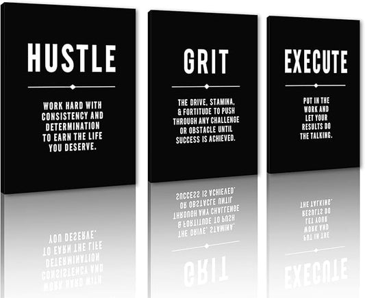 Yatsen Bridge Hustle Grind Execute Canvas Wall Art - 3 Panel Inspirational Quote Prints Black & White Motivational Poster Framed Artwork for Office, Home, or Gym Wall Decor (12x16 in x 3)