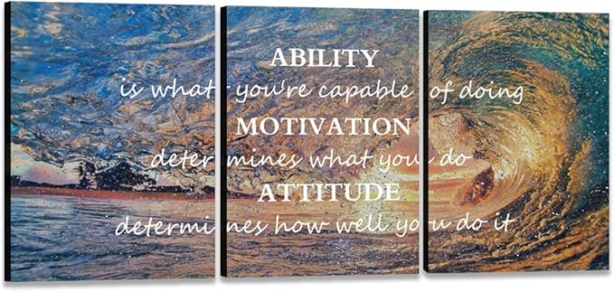Unbruvo Motivational Wall Art for Office, 3 Pieces Canvas Painting with Inspirational Quotes, Ability Motivation Attitude Prints for Living Room Bedroom Study Room Decor (48" W x 24" H)