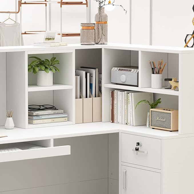 Homsee Reception Desk L-Shaped Office Desk with Counter, 1 Door Storage Cabinet, 1 Lockable Drawer, Hutch Shelf & Keyboard Tray, White