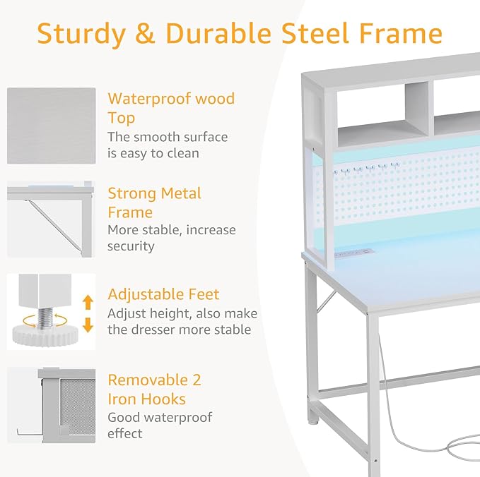 White Gaming Desk with Hutch and Pegboard - Computer Desk with Hutch, Power Outlet, 47 Inch Art Desk with Storage, Hooks, RGB and Side Bag, Writing Modern Study Teen Desks for Girl Bedroom Home Office