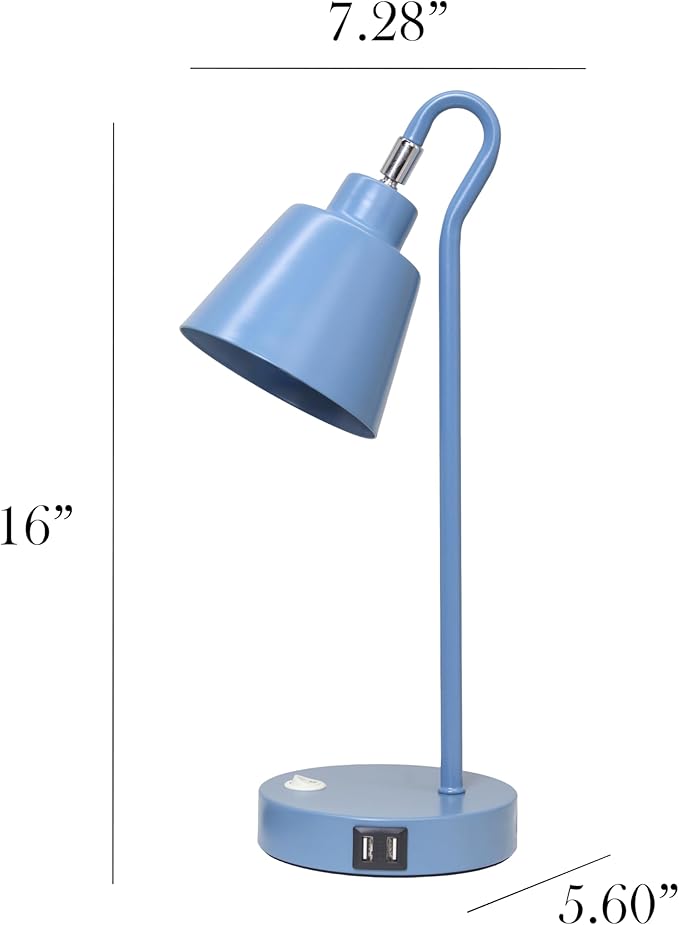 Simple Designs LD1073-BLU 16" Sleek Essentials Metal Looped Desk Task Lamp with Adjustable Shade and Dual USB Ports, for Office, Desk, Nightstand, Blue