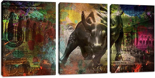 3 Pieces Bull Motivational Wall Art Canvas Poster Print Office Wall Decor Inspirational Entrepreneur Quotes Wall Art Poster Prints Picture Framed Decoration - 36" Wx 16" H