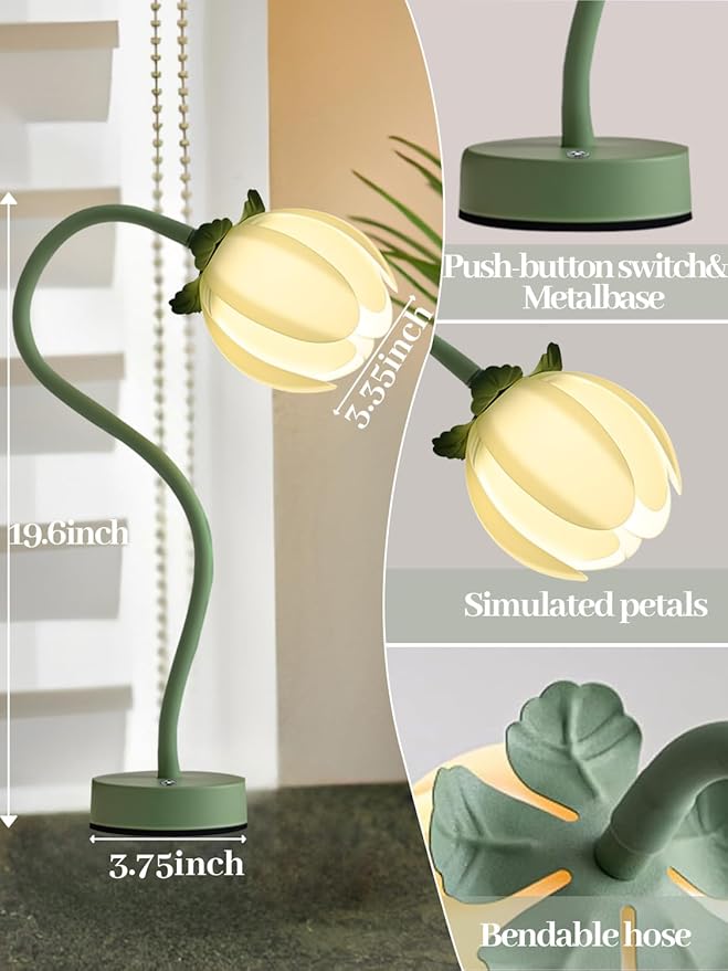 ONXE Tulip Desk Lamp - Rechargeable 3 Color Dimmable Flower Night Light, 360° Bendable Gooseneck, Cordless Metal Table Lamp for Bedroom Decor, Gifts for Women & Teens