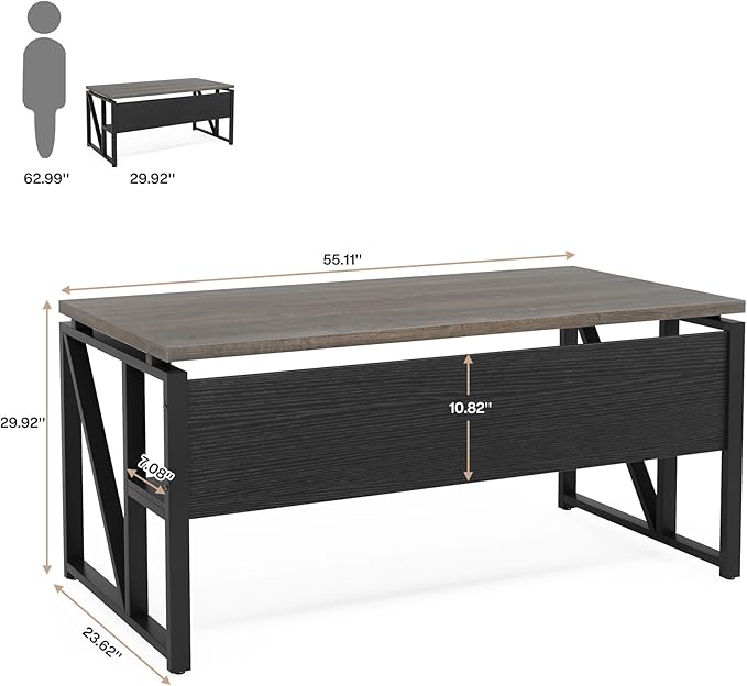 Tribesigns 55 inches Computer Desk with Bottom Storage Shelf Home Office Desk Writing Table for Workstation,Dark Walnut + Steel Leg， Cabinet not Included (Grey, 55-inch -with Shelf)