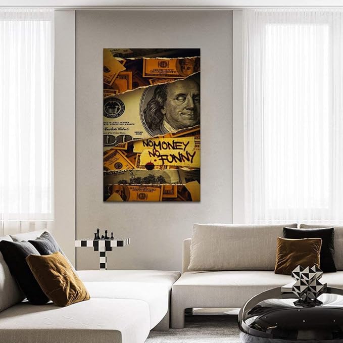 Canvas Trend Large Size Money Wall Art No Money No Funny Wall Art Vintage Home Wall Paintings Franklin Dollar Bill Artwork Gift for Friends Lovers Framed Ready to Hang-28x44 inch