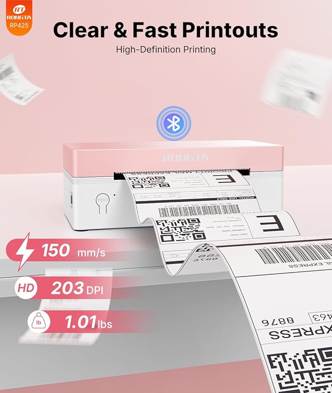 Rongta 4x6 Bluetooth Thermal Label Printer, Wireless Shipping Label Printers for Shipping Packages Small Business Office or Home, Compatible with iPhone Android iPad macOS Windows, Pink