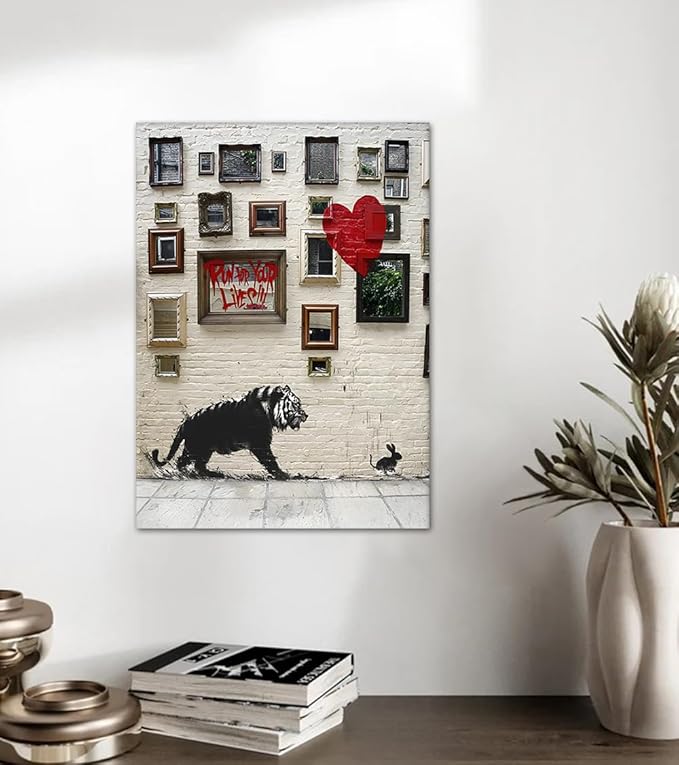 Run for Your Lives Graffiti Inspirational Wall Art Canvas Paintings Tiger Chase Rabbit Poster Artwork Motivational Wall Decor for Office Classroom Living Room Decor Ready to Hang-12x16 inch
