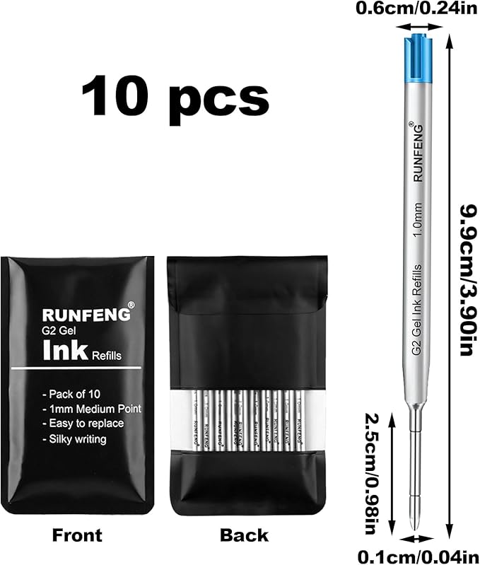 Pack of 10 Replaceable Ballpoint Pen Refills, G2 Gel Ink Refills,1mm Medium Point,Twist Pen Refill,Ball Point Pen Refills,Ink Refills for Pens,Blue Ink Refills