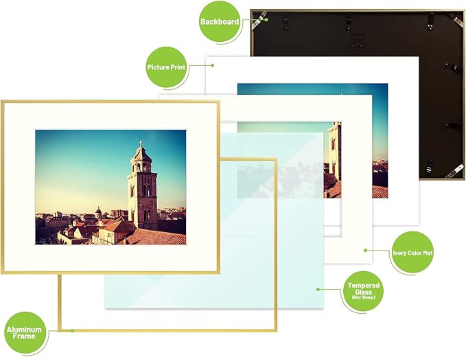 Golden State Art, Gallery Wall Frame Set of 6 - Gold 12x16 Aluminum Photo Frames with Mat for 8.5x11 Pictures - 12 x 16 inch Metal Frame with Real Glass Cover - Elegant Home or Office Decor
