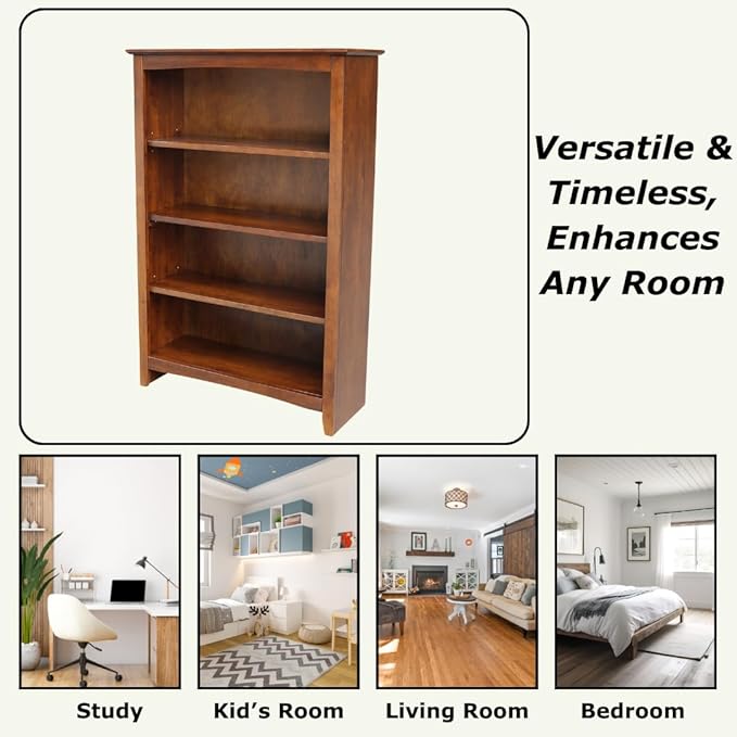 Solid Wood Bookcase 48" High, Adjustable Shelves, Parawood Construction, Easy Assembly, Kitchen/Dining Storage Furniture