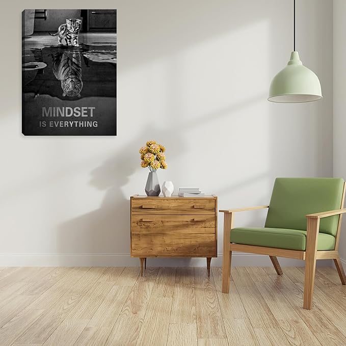 Kuiluuye Motivational Black Tiger Wall Art Mindset Cat Poster Painting Prints Art Wall Decor Inspirational Positive Quotes Canvas Office Decor Living Room Bedroom Artwork Decorations Framed 12""x16""
