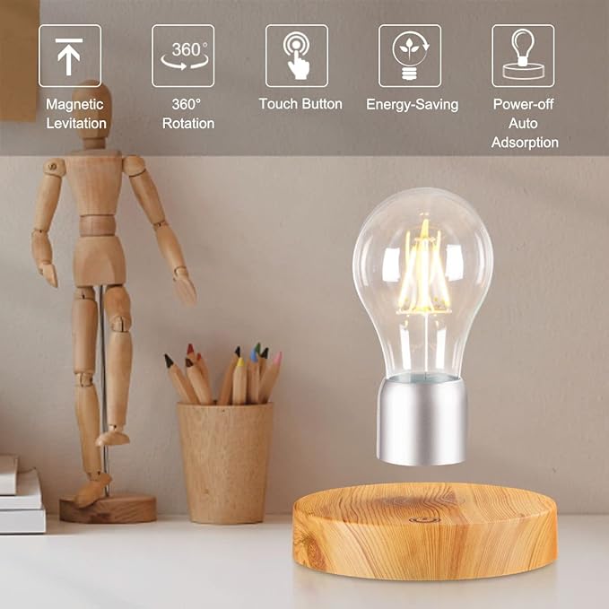 VGAzer Magnetic Levitating Floating Wireless LED Light Bulb Desk Lamp for Unique Gifts, Room Decor, Night Light, Home Office Decor Desk Tech Toys (Round Wooden Base.)