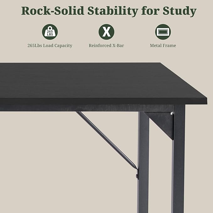 Computer Desk 63 Inch, Simple Large Home Office Desk Study Writing Table, Sturdy Metal Frame, Scratch-Resistant MDF Desktop for Bedroom Dorm Workspace, Black
