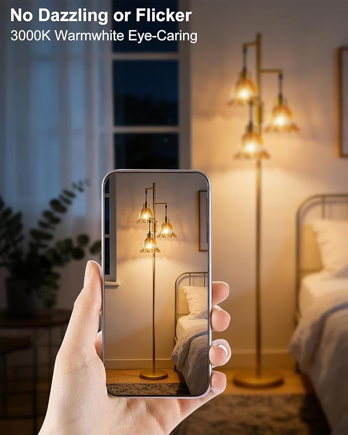 Glass Floor Lamps for Living Room, 3-Light Gold Dimmable Floor Lamp with Brown Glass Shade& Bulbs Included, Mid Century Standing Tall Lamp for Bedroom/Sofa Beside/Corner Decor