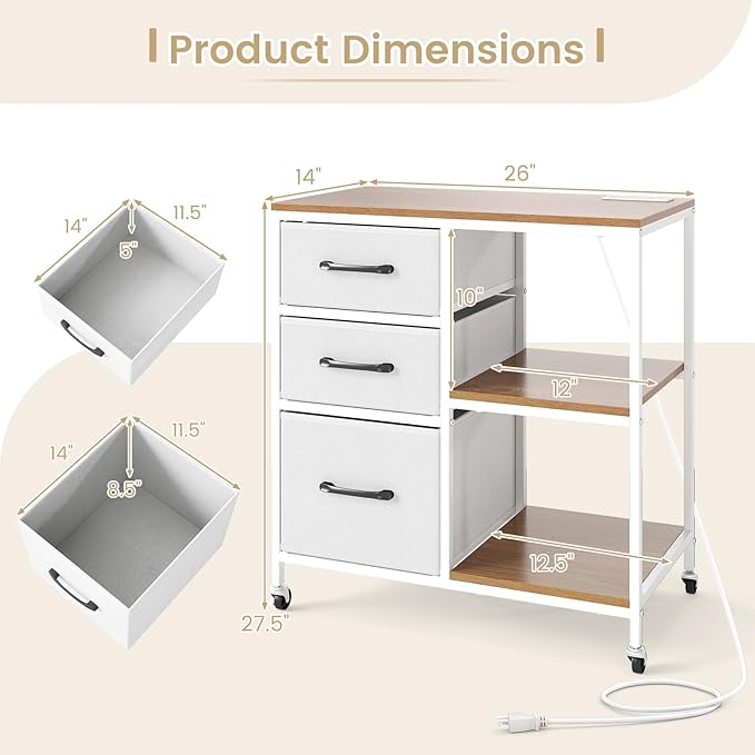 GOFLAME 3 Drawer Mobile File Cabinet with Charging Station, Rolling Printer Stand with Open Storage Shelves, Wooden Storage Cabinet on Wheels for Home Office (Natural and White)