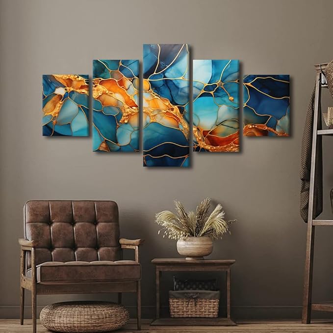 Canvas Wall Art Decor Abstract Canvas Wall Art Modern 5 Panel Colorful Glass Window Poster Golden Lines Painting Art Prints for Living Room Decoration Stretched and Framed Ready to Hang 60x32 in