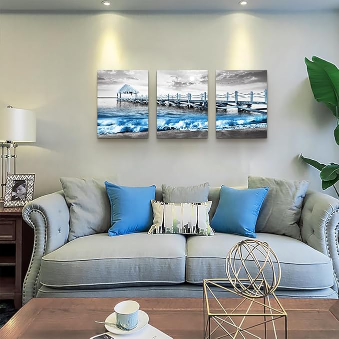 Canvas Wall Art - Modern Decor for Living Room & Bedroom - Black & White Beach Scene - Framed Posters (3 Piece Set)