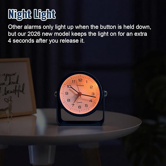 3.5 Inch Small Desk Alarm Clock, Battery Operated Analog Silent Clock with Night Light, Retro Vintage Metal Bedside Clock for Bedroom, Office, Bathroom, Dorm, Shelf, Table -Navy Blue