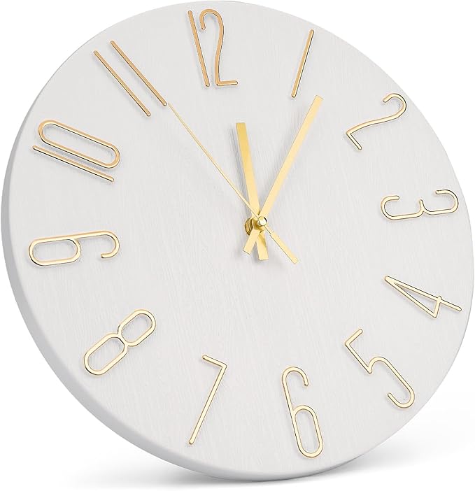 Wall Clock 12 Inch Silent Non-Ticking Imitation Wood Indoor Clock Round White Decor Clock Modern 3D Figures Quartz Wall Clocks for Home, Hotel, Office, School, Bedroom, Living Room, Kitchen