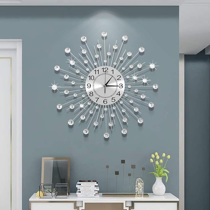 28 Inch Silver Crystal Large Modern Metal Starburst Decor, Bling Crystal Wall Clock for Kitchen Office Bedroom Living Room Decorative