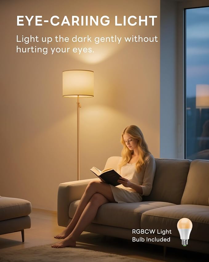 Floor Lamp for Living Room with RGBCW Color Changing Bulbs Dimmable, Adjustable Height Standing Lamp with Remote Control, 10W 1200 Lumen, Tall Lamp for Living Room, Bedroom, Office, Gold