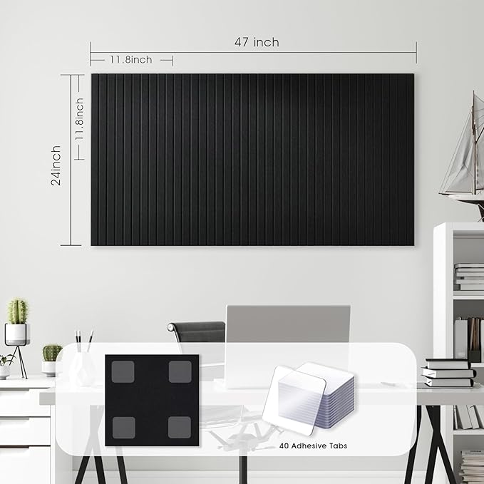 Large Cork Board for Office, 8 Pack Felt Wall Tiles with Slat Wall Paneling and Safe Removable Adhesive Tabs, Felt Bulletin Board Pin Board Cork Boards for Walls - Black