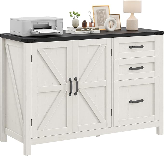 3 Drawer File Cabinet, Farmhouse Lateral Filing Cabinet with Doors for Letter/A4 Size Hanging Files, Large Wood Storage Cabinets Printer Stand with Adjustable Shelf for Home Office, White and Black