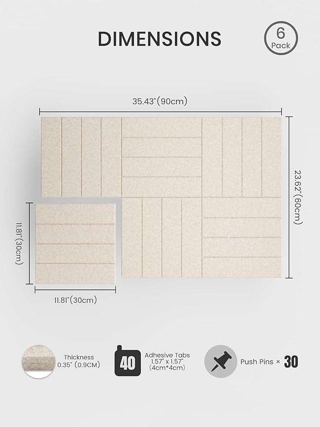 Bumusty Large Cork Board Alternative-36 x 24" Felt Bulletin Board Tiles, with 30 Pushpins, 40 Adhesive Tabs, 6-Pack Slat Wall Paneling, Cork Boards for Office Push Pin Board Felt Board-Oatmeal