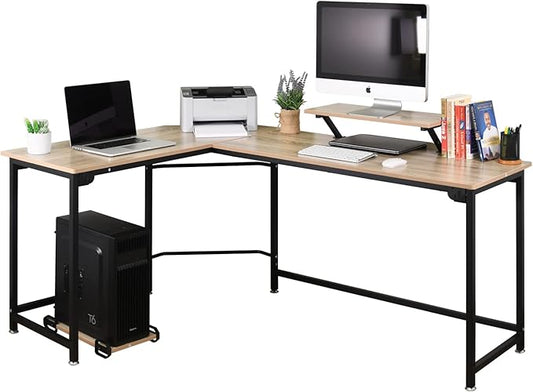 L-Shaped Computer Study Corner Desk with Monitor Stand Shelf CPU Stand, PC Laptop Gaming Desk 66” Workstation for Home Office Writing Table, Wood & Metal, Space-Saving