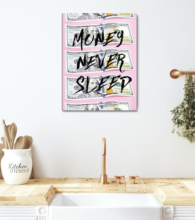 Pink Inspirational Wall Art for Office - 100 Dollar Bill Canvas Pating Money Never Sleep Quote Wall Decor Motivational Poster for Living Room Bedroom Home Decoration, Framed 18"x24"