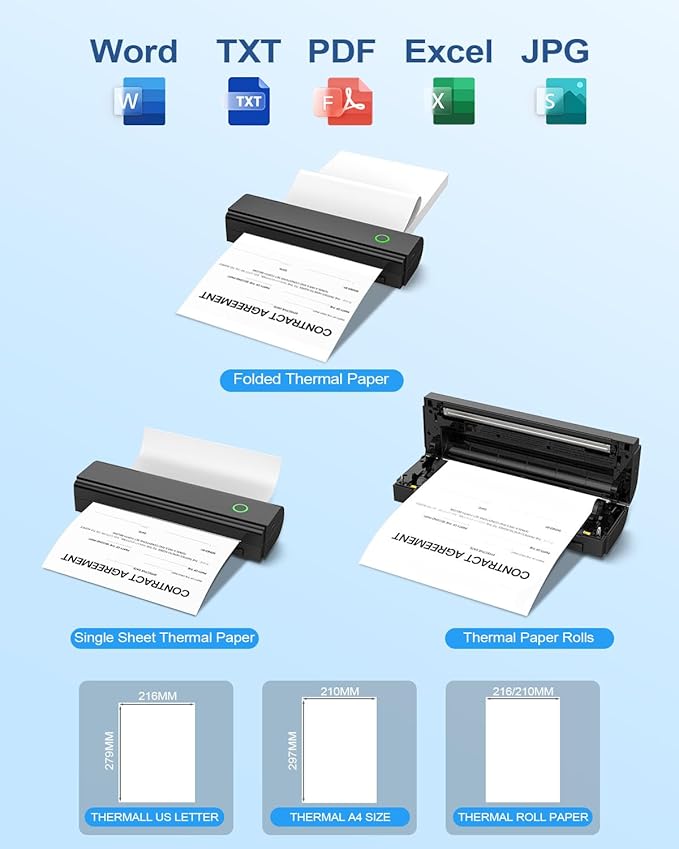Portable Printers Wireless for Travel, Bluetooth Thermal Printer Supports 8.5" x 11" US Letter & A4 Size, Inkless Mobile Printer Work with Android iPhone Laptop for Home Office School, Black