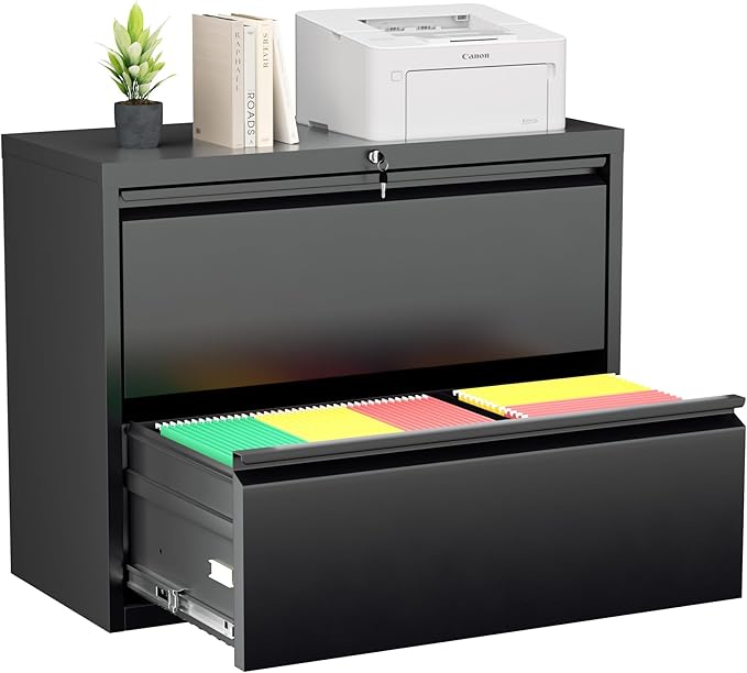 Greenvelly 2 Drawer File Cabinet, Black Metal Lateral File Cabinet with Lock, Office Filing Cabinet for Legal/Letter/A4/F4 Size with Hanging Files&Key, Lockable File Cabinets for Home Office