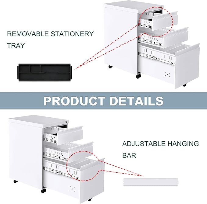 Yiguo 3-Drawer Mobile File Cabinet with Lock, Rolling Office File Cabinet Under Desk, Metal Filing Cabinet with Wheels for Legal Letter File (White)