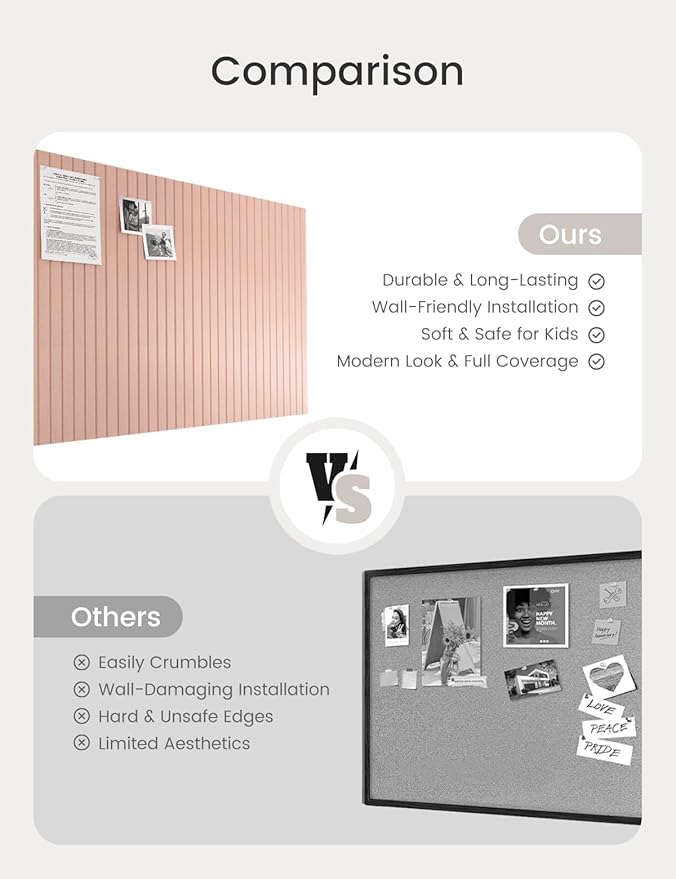 Bumusty Large Cork Board Alternative-48 x 36" Felt Bulletin Board Tiles, with 30 Pushpins, 70 Adhesive Tabs, 12-Pack Slat Wall Paneling, Cork Boards for Office Push Pin Board Felt Board-Pink