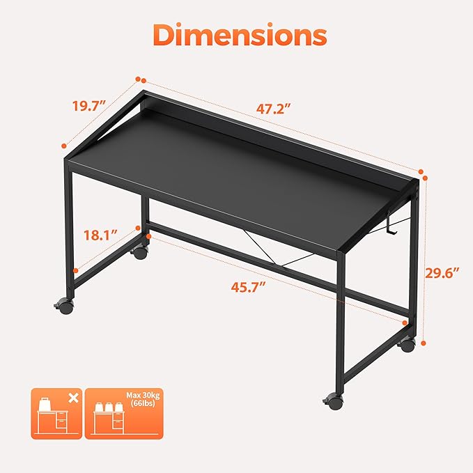 Mericonia 48 inch Rolling Computer Desk with Wheels, Gaming Desk for Small Spaces, Modern Simple Style Table for Home Office, Study Writing Table