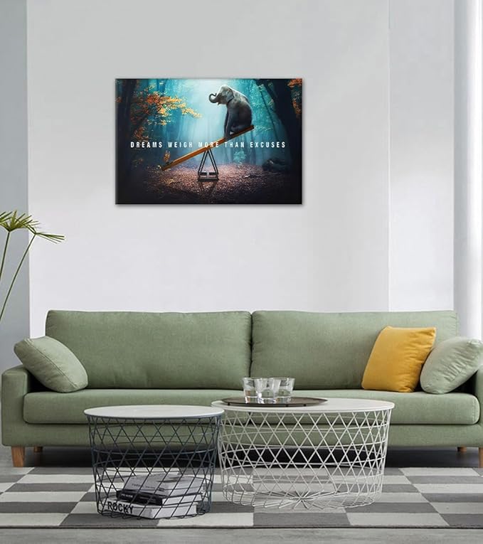 Wall Art Dreams Weigh More Than Excuses Painting on Canvas Inspirational Picture Motivational Quotes Poster Elephant and Butterfly Prints for Home Decor Living Room, Framed 24" H x 36" W